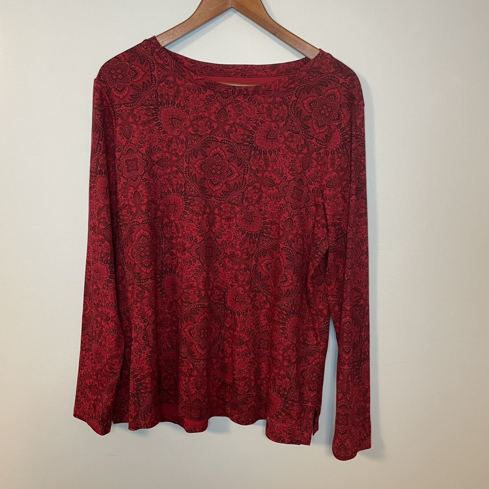 J. Jill Size XL Paisley Red Slub Pima Cotton Stretch‎ Tee Casual Top